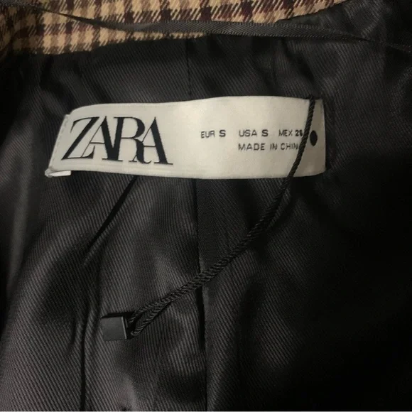 Zara Women’s Small Brown Houndstooth Checkered Double Breasted Blazer Old Money - Picture 7 of 9